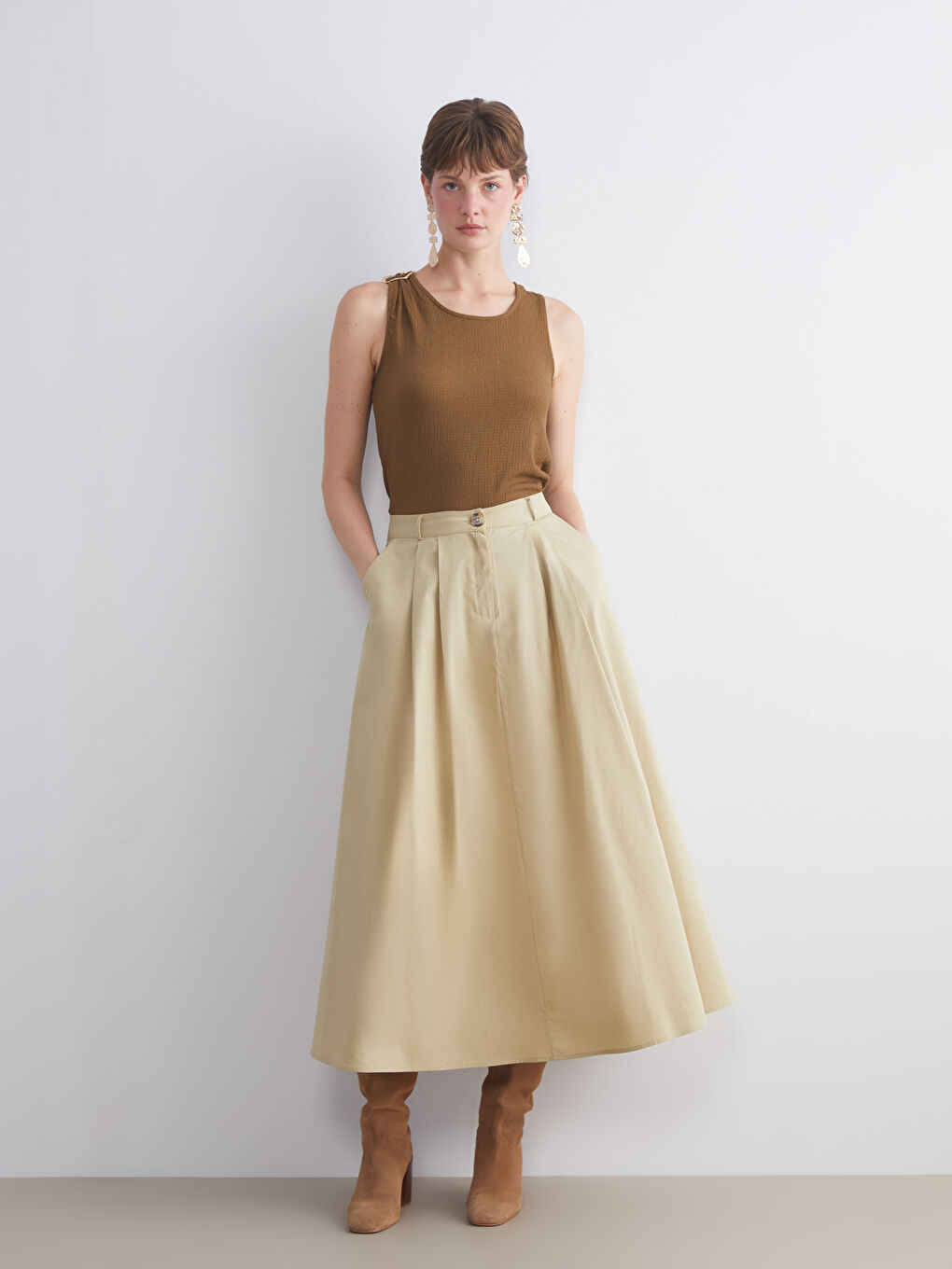 Bej Standart Fit Poplin Pileli Etek