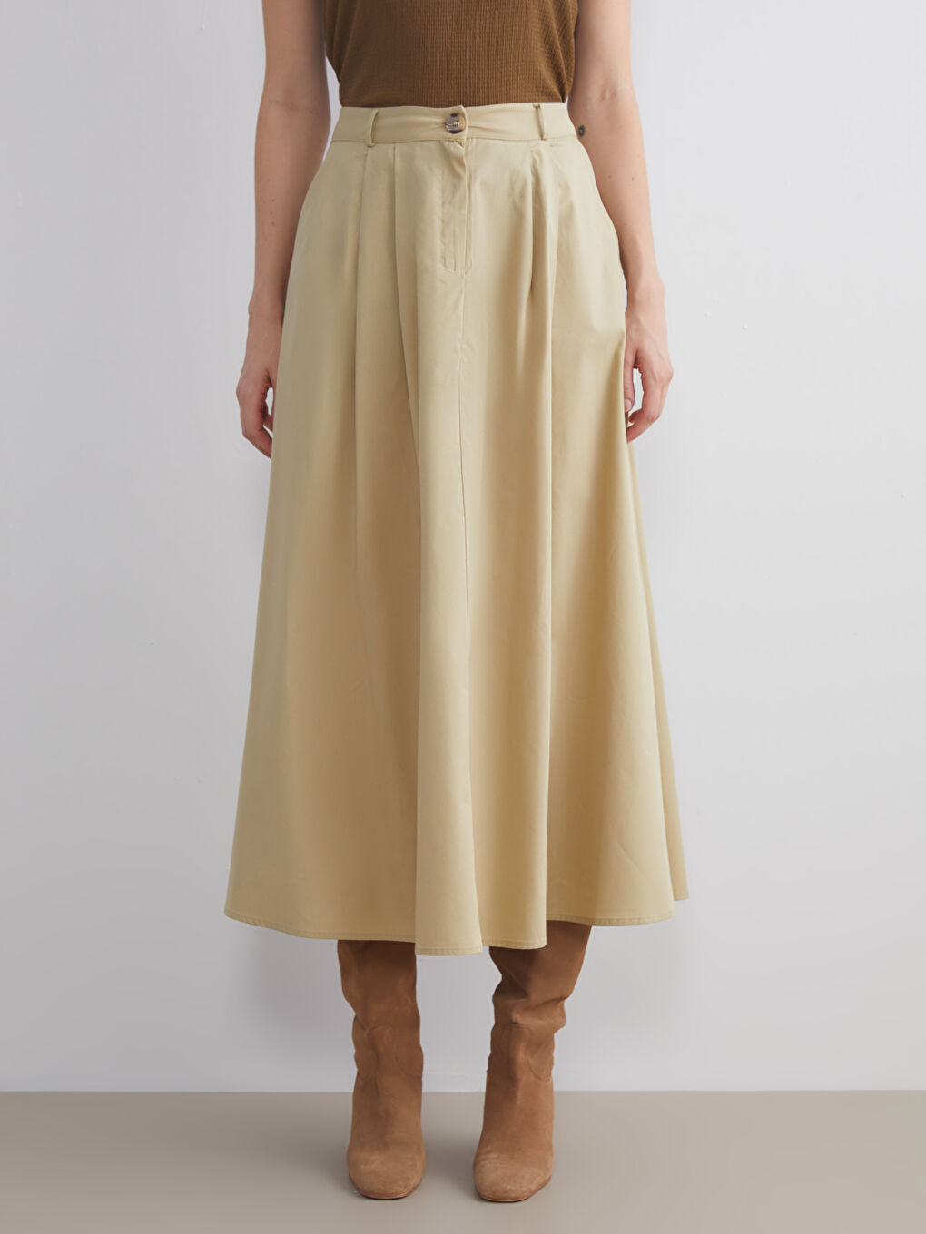 Bej Standart Fit Poplin Pileli Etek-2