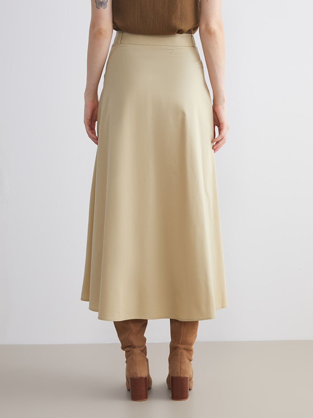 Bej Standart Fit Poplin Pileli Etek-4