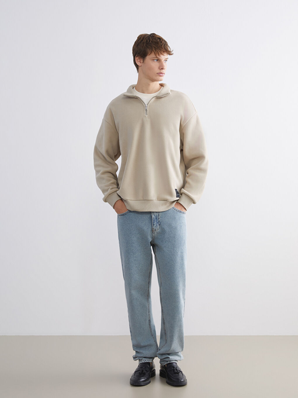 كنزة رياضية سميكة بياقة قمعية بسحاب للرجال-1