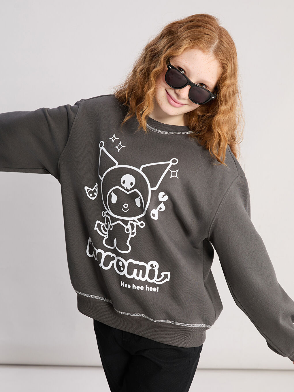 Antrasit Bisiklet Yaka Kuromi Baskılı Kız Çocuk Sweatshirt