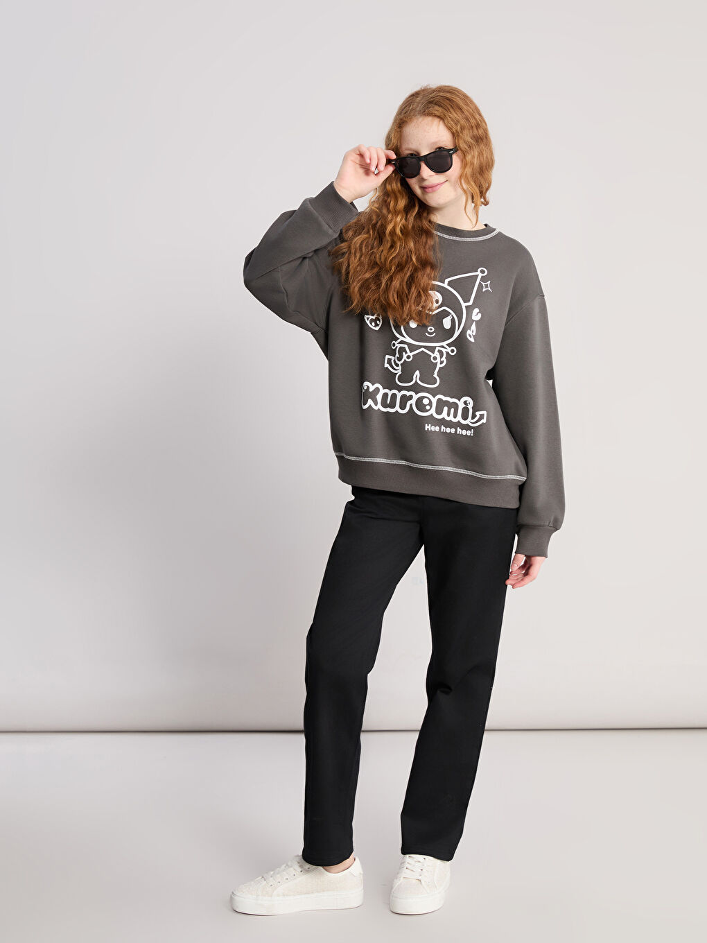 Antrasit Bisiklet Yaka Kuromi Baskılı Kız Çocuk Sweatshirt-1