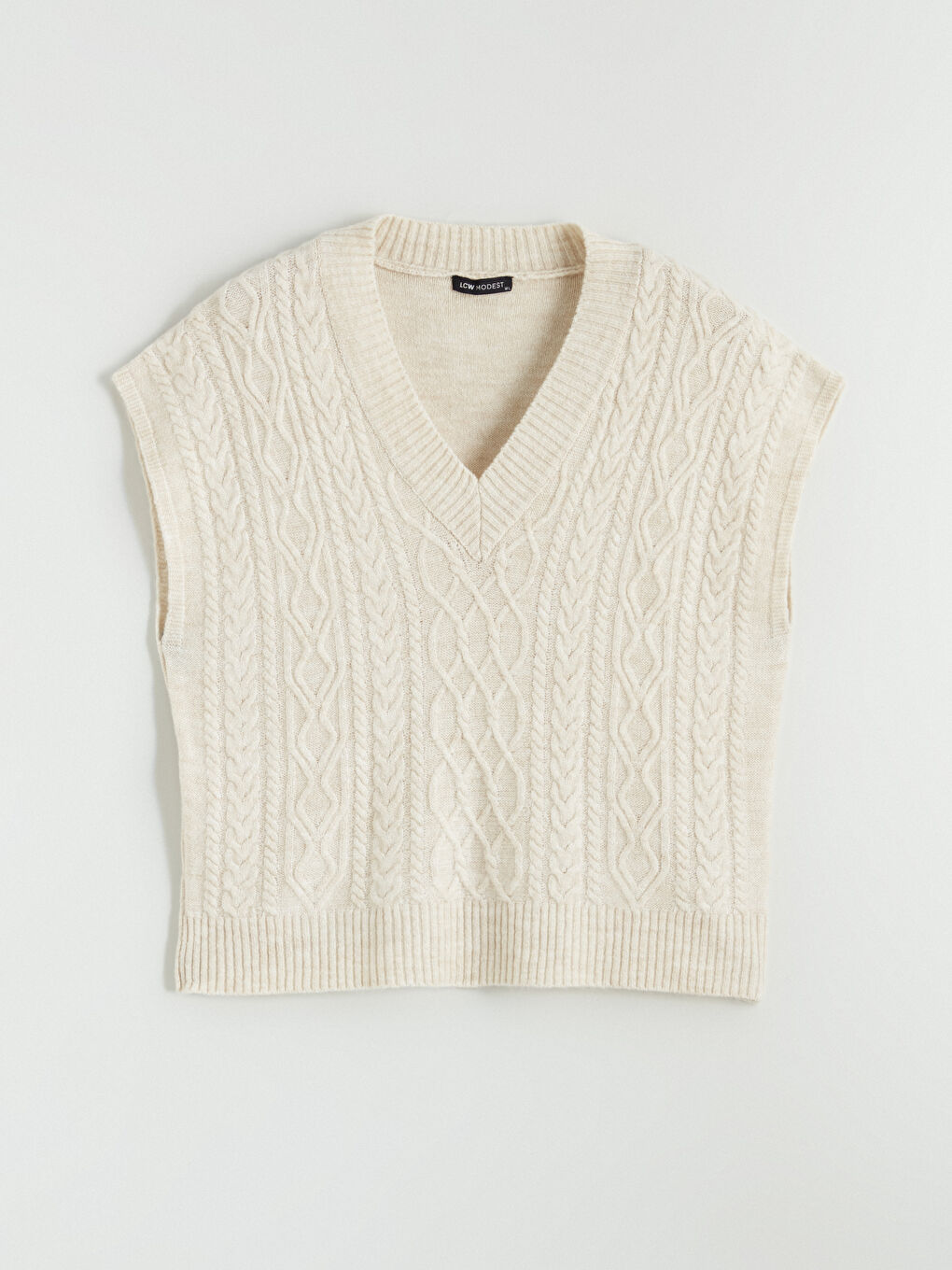 Ekru V Yaka Kendinden Desenli Oversize Kadın Triko Süveter-4