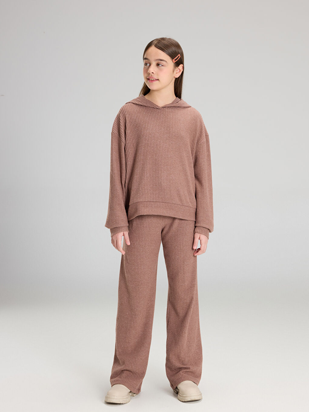 Kahverengi Kapüşonlu Kız Çocuk Sweatshirt ve Eşofman Altı