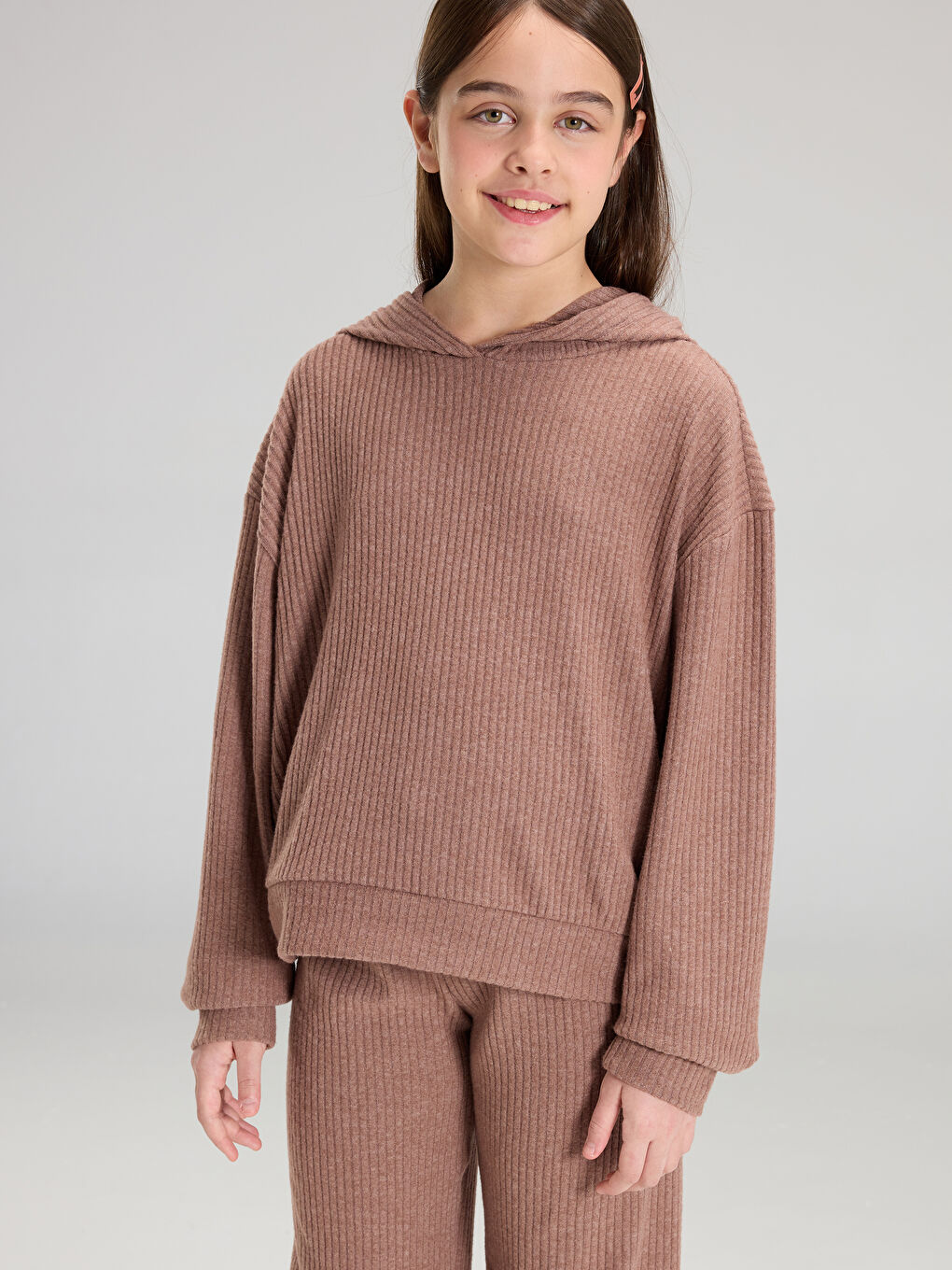 Kahverengi Kapüşonlu Kız Çocuk Sweatshirt ve Eşofman Altı-1