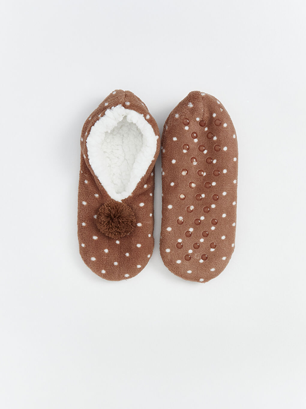 Kahverengi Puantiyeli Kadın Kaydırmaz Taban Ev Çorabı-2
