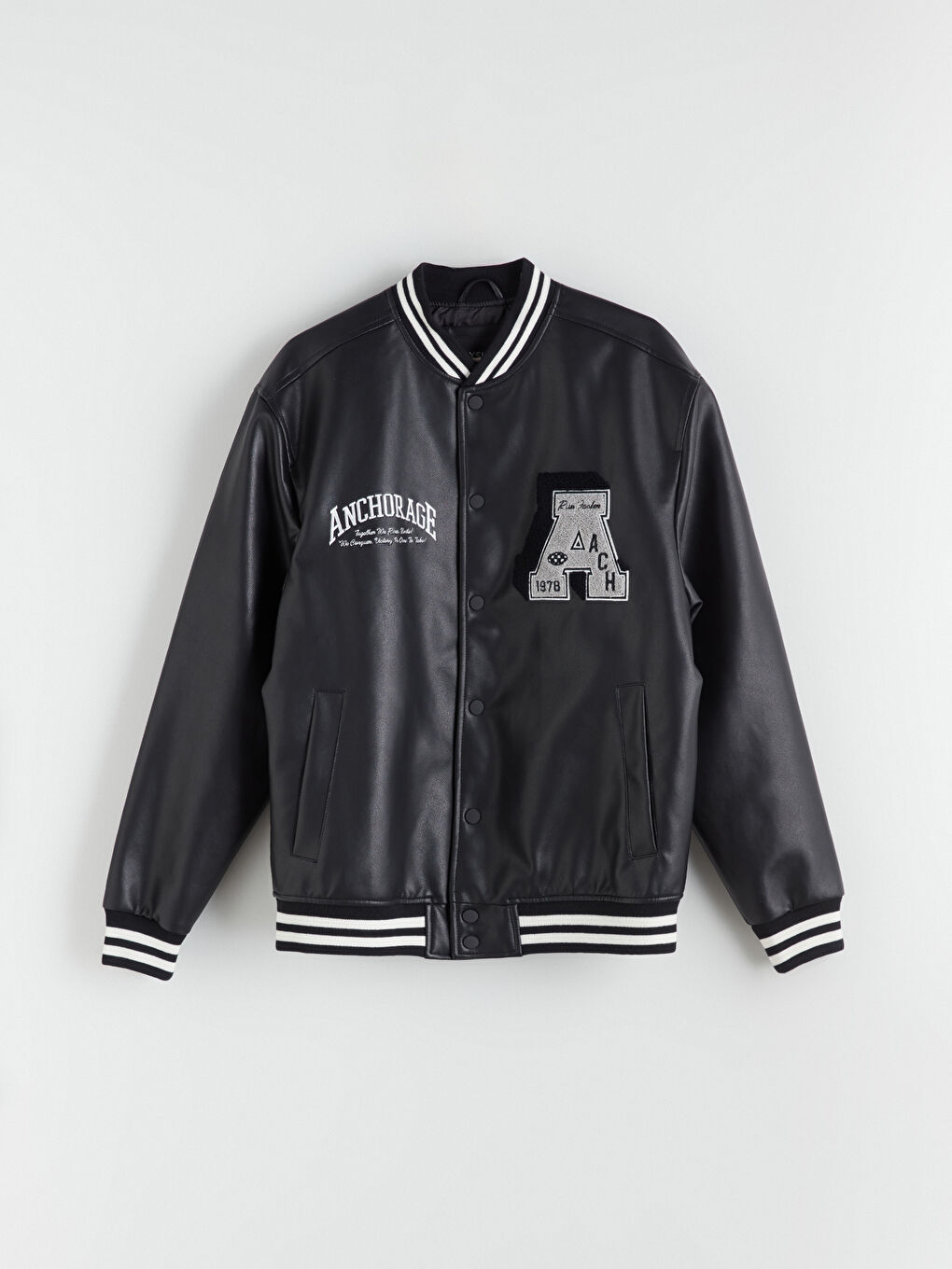 Siyah Kolej Yaka Nakışlı Erkek Deri Görünümlü Ceket-5