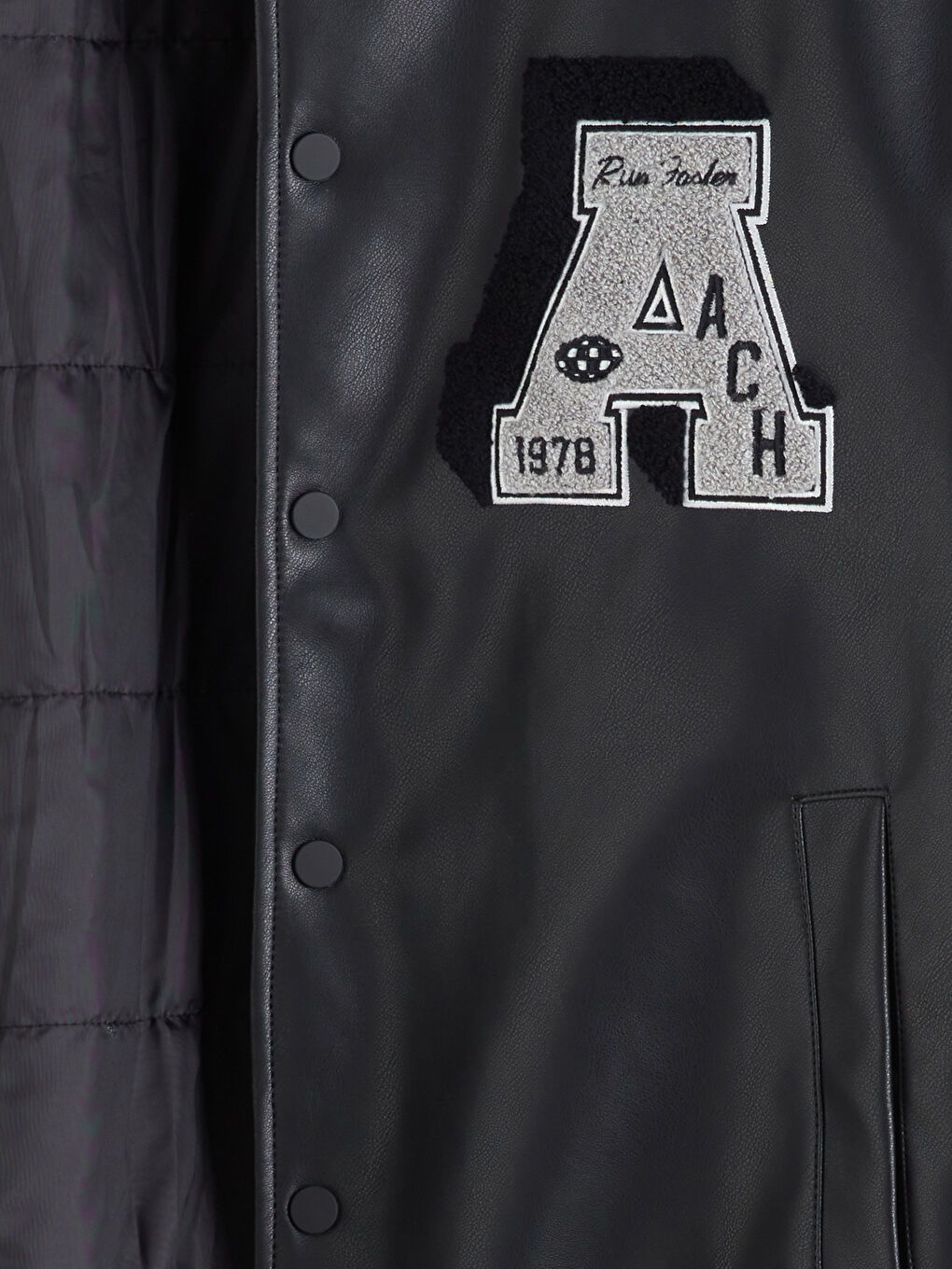 Siyah Kolej Yaka Nakışlı Erkek Deri Görünümlü Ceket-6