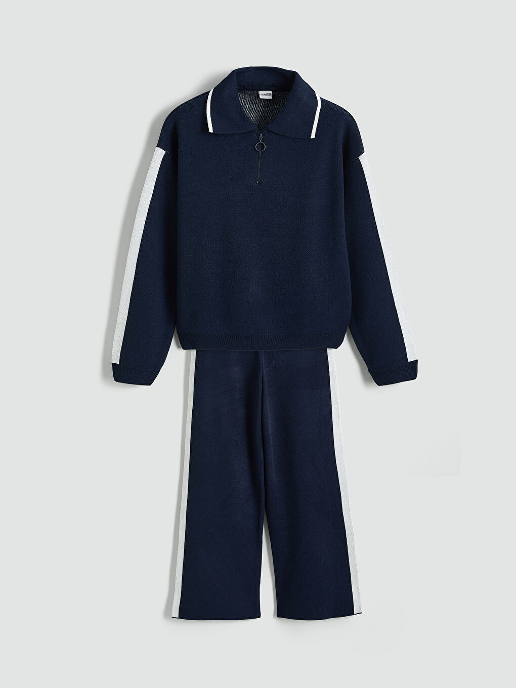 Lacivert Polo Yaka Kız Çocuk Triko Kazak ve Pantolon