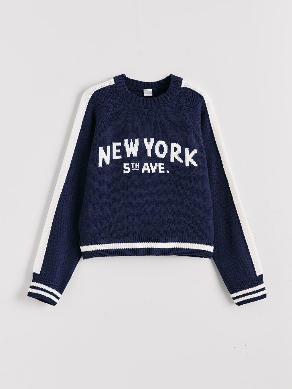 Lacivert Bisiklet Yaka New York Desenli Kız Çocuk Triko Kazak-1