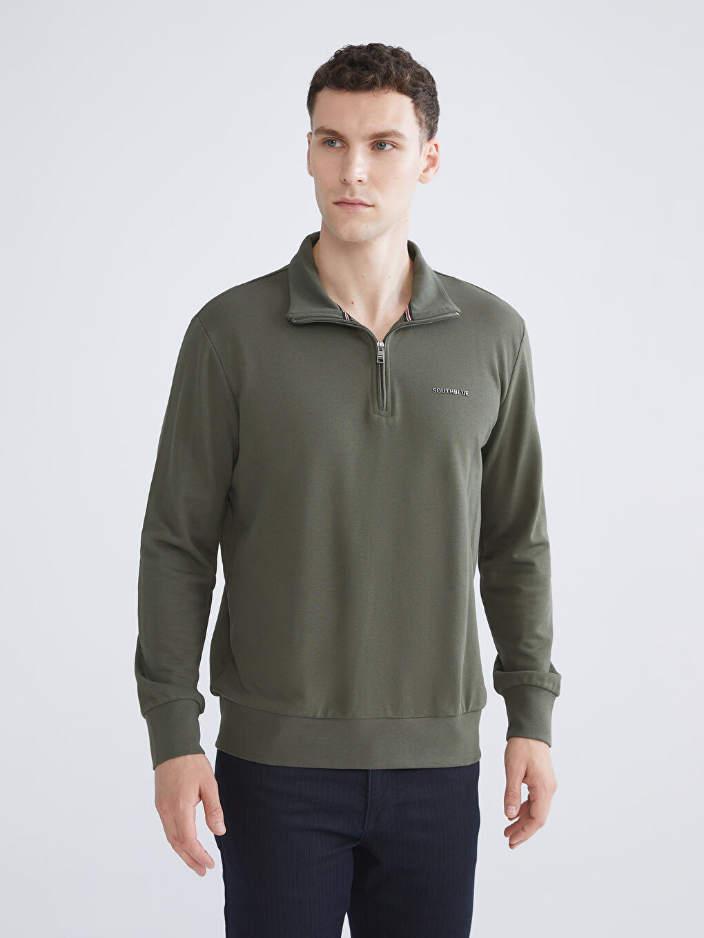 Haki Dik Yaka Baskılı Erkek Sweatshirt