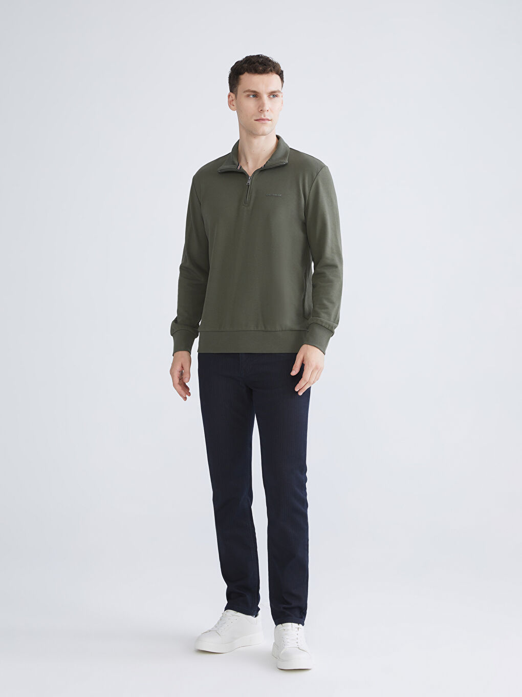 Haki Dik Yaka Baskılı Erkek Sweatshirt-1