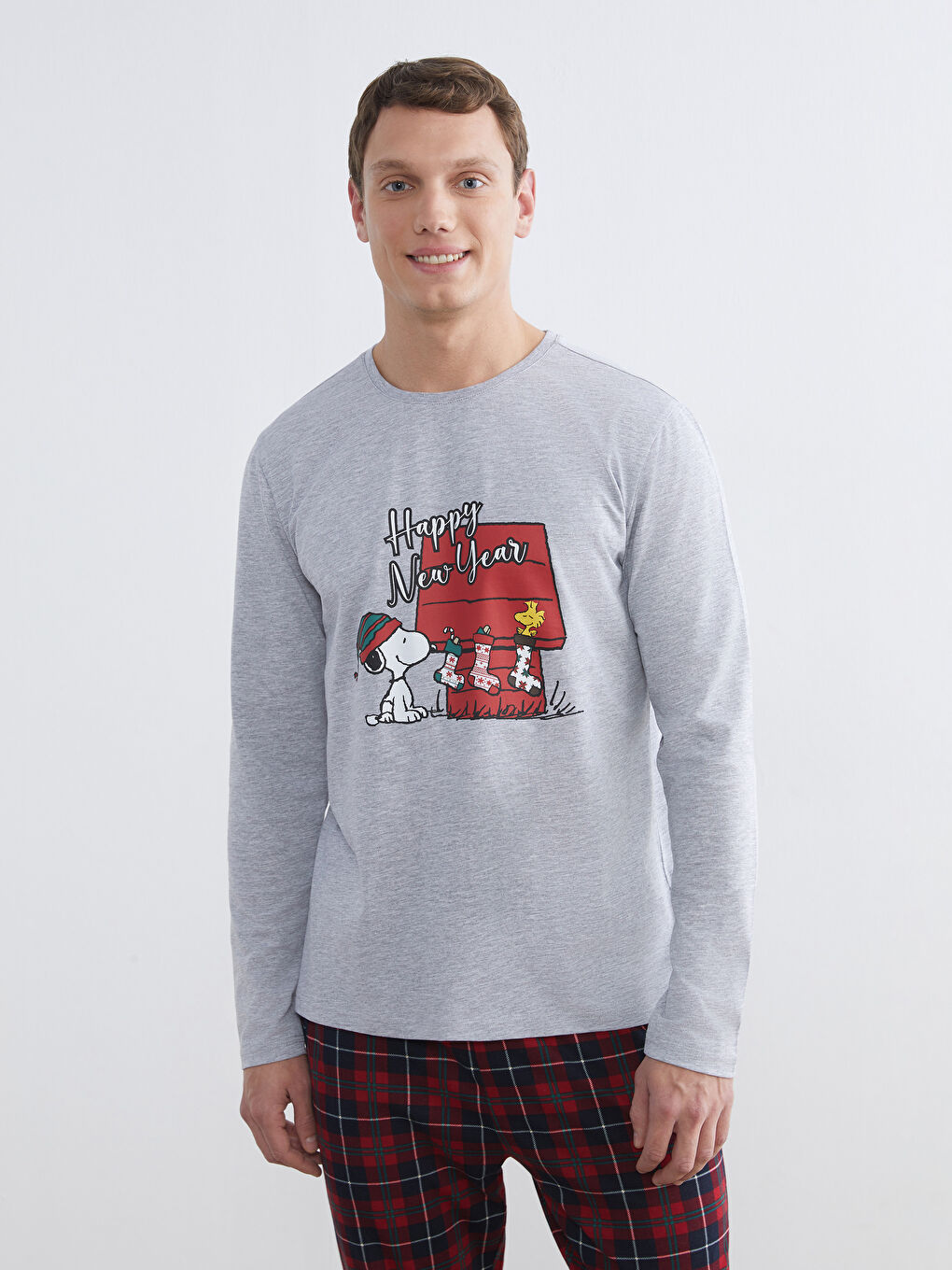 Kırmızı Standart Kalıp Snoopy Baskılı Erkek Pijama Takımı-1