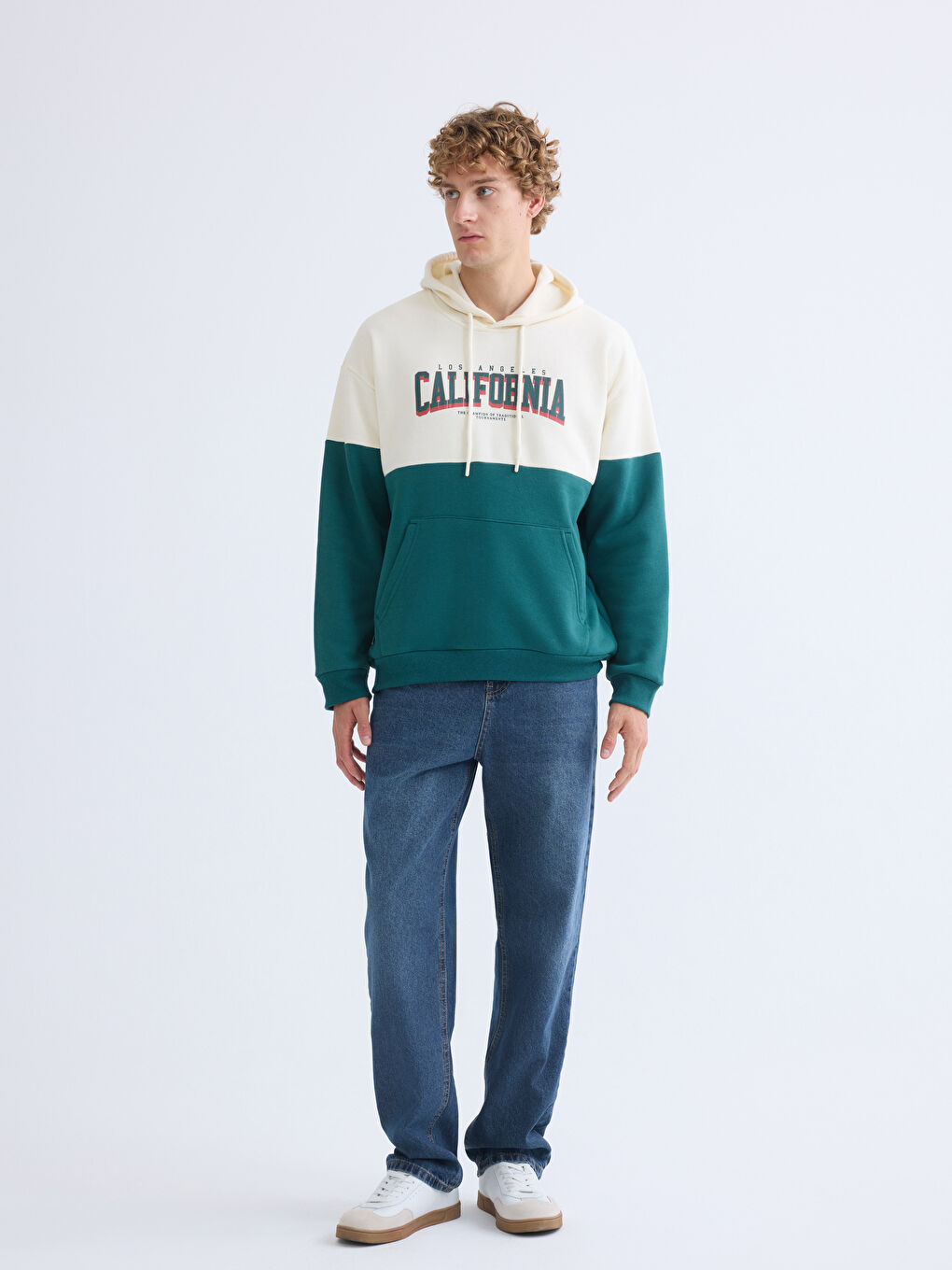 Bej Uzun Kollu Baskılı Erkek Hoodie-1