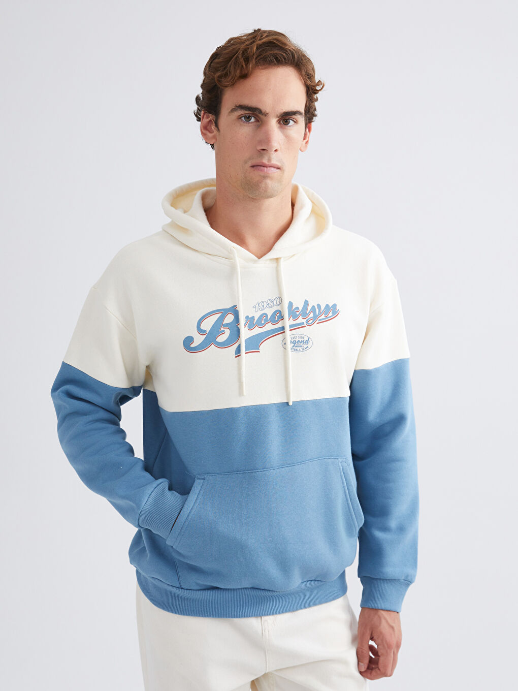 Ekru Uzun Kollu Baskılı Erkek Hoodie