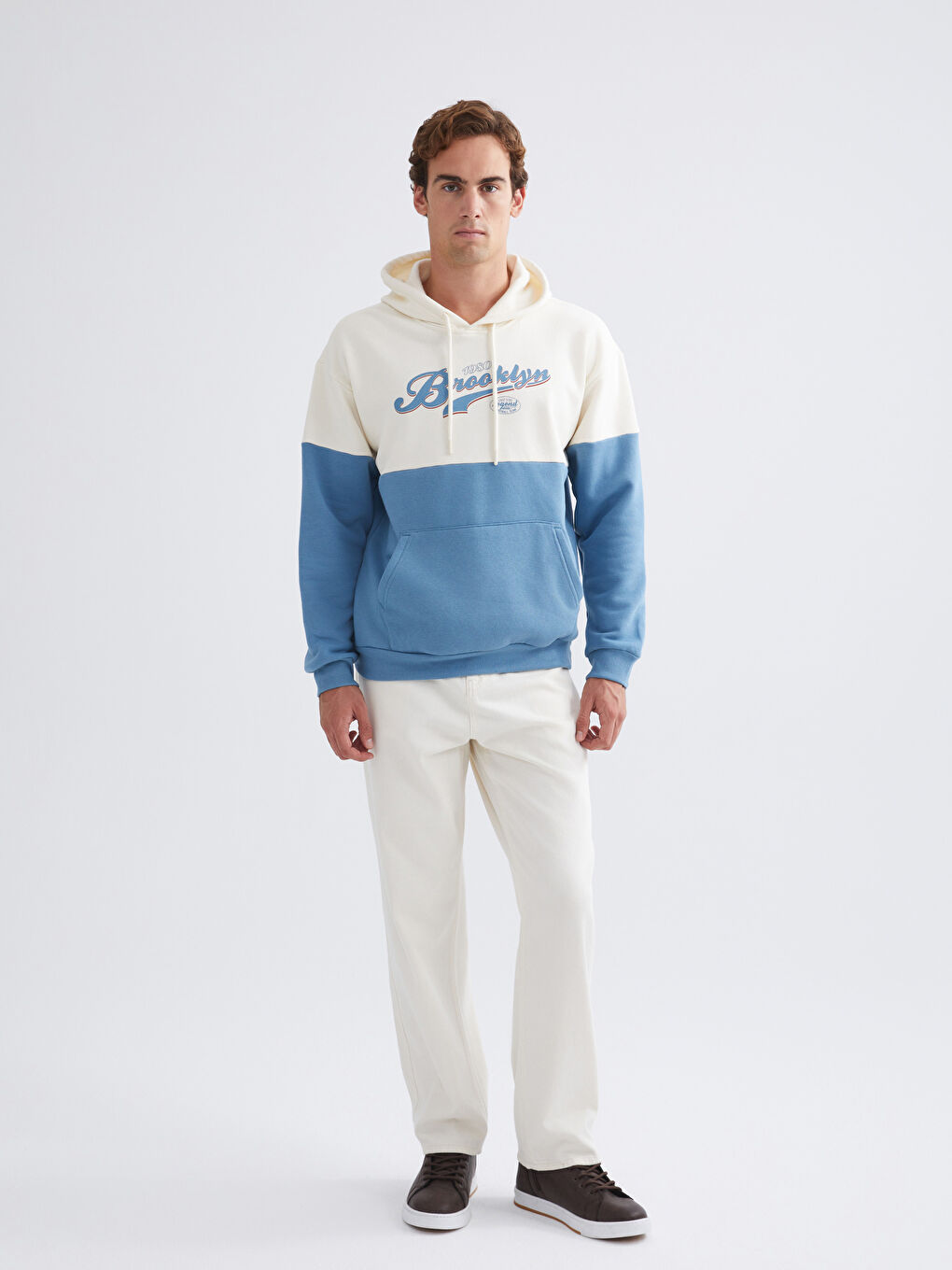 Ekru Uzun Kollu Baskılı Erkek Hoodie-1