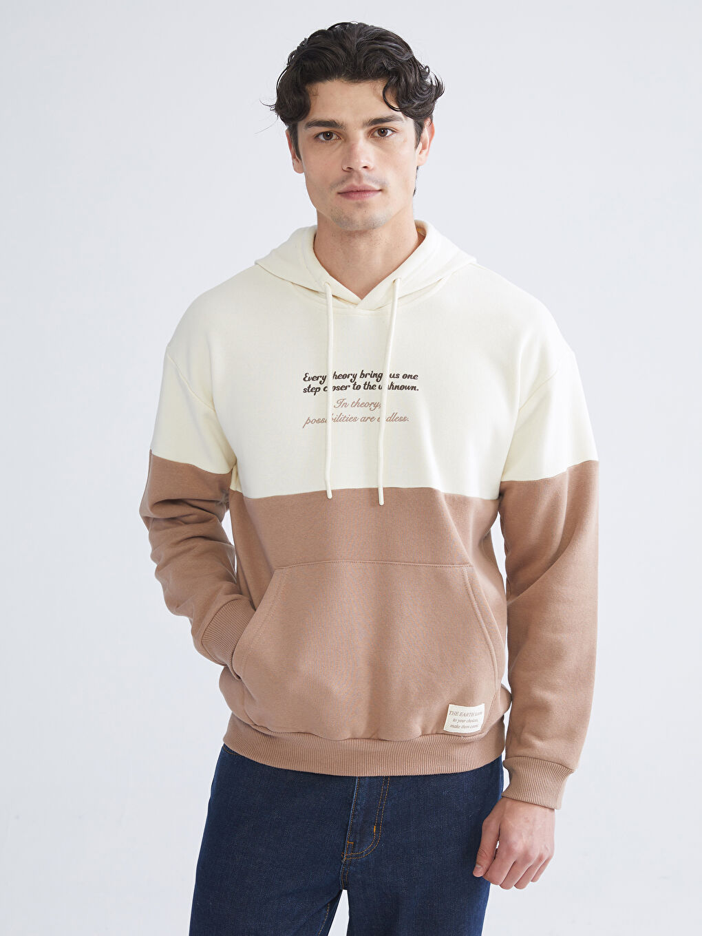 Bej Uzun Kollu Baskılı Erkek Hoodie