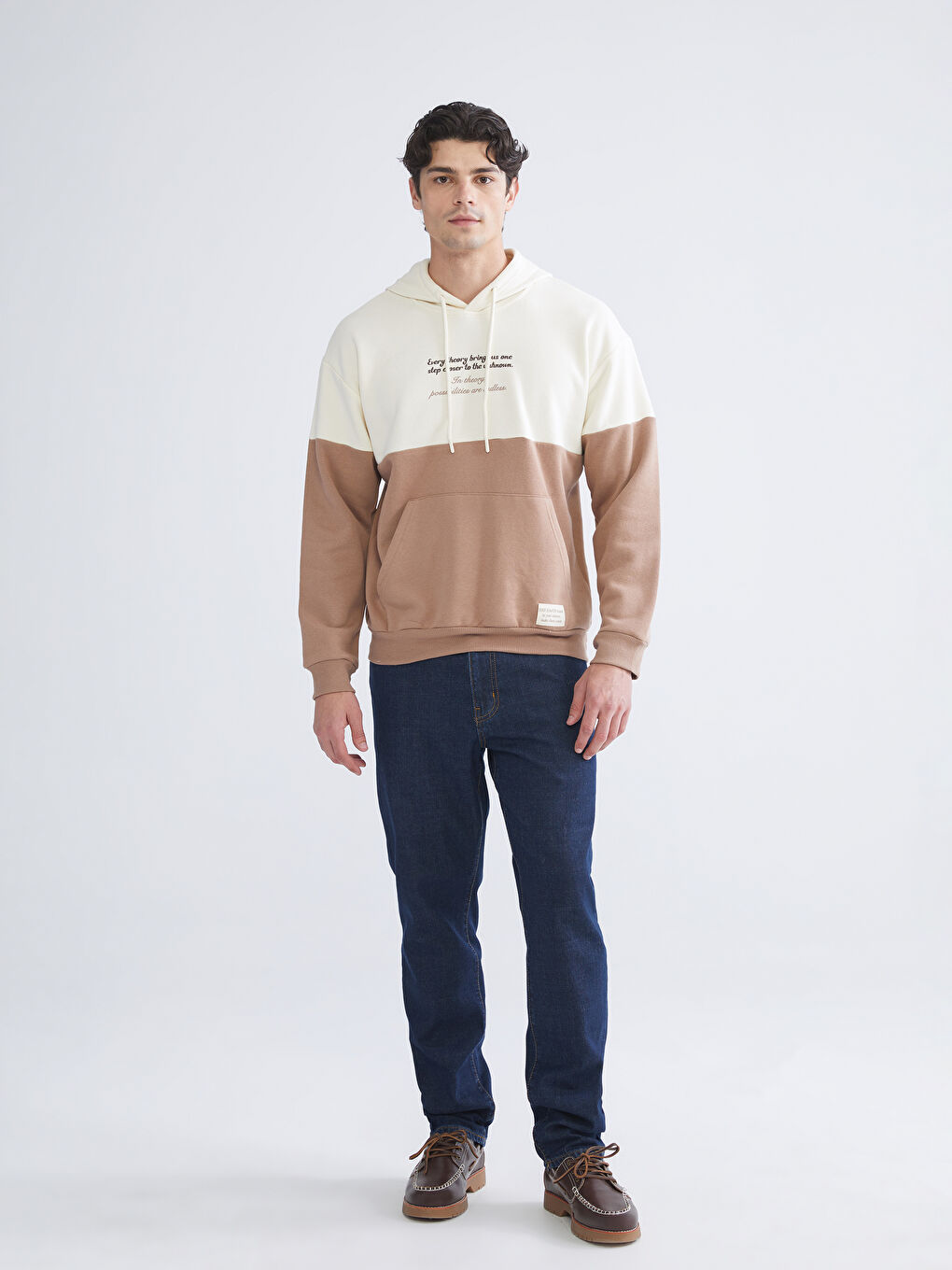 Bej Uzun Kollu Baskılı Erkek Hoodie-1