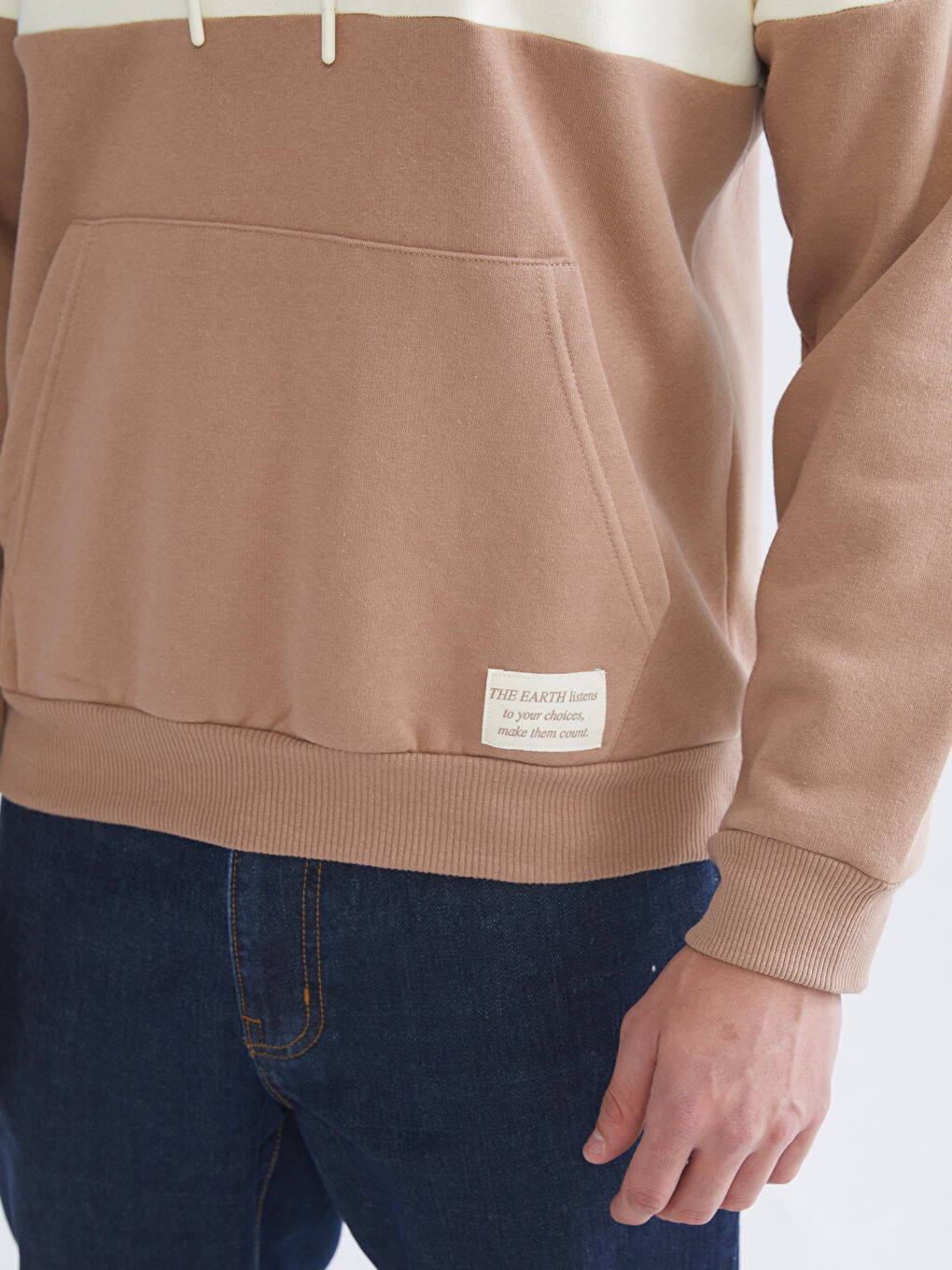 Bej Uzun Kollu Baskılı Erkek Hoodie-2