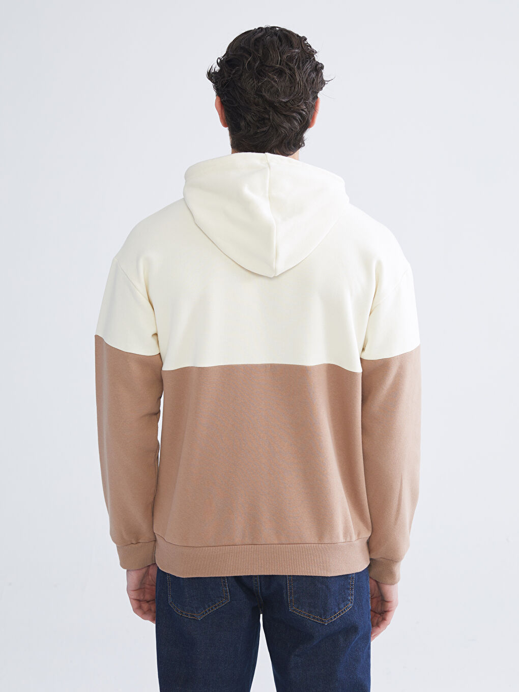 Bej Uzun Kollu Baskılı Erkek Hoodie-3