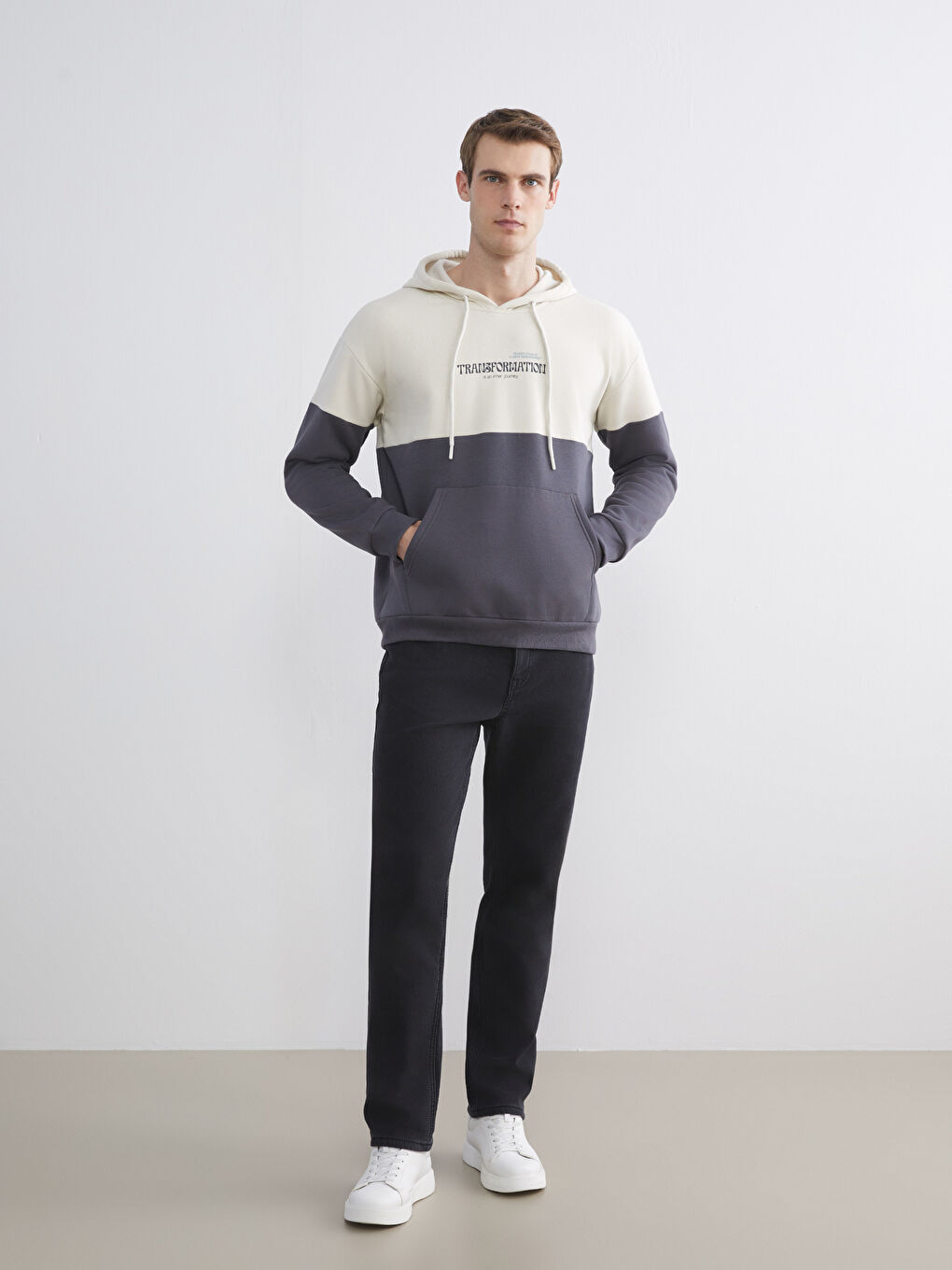 Gri Uzun Kollu Renk Bloklu Erkek Hoodie-1