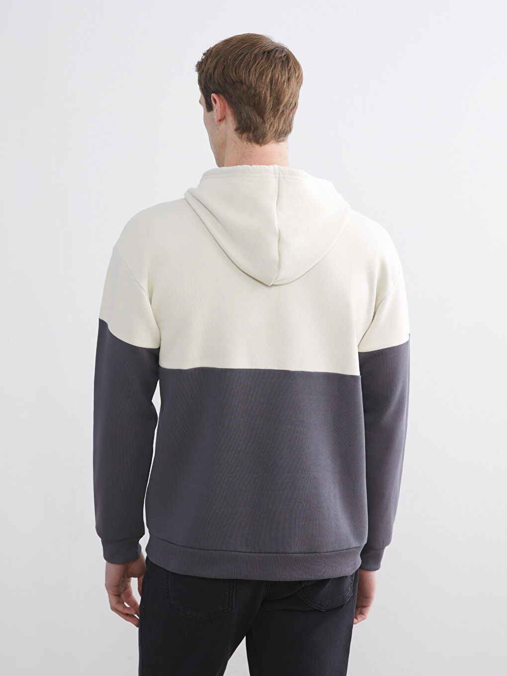Gri Uzun Kollu Renk Bloklu Erkek Hoodie-3