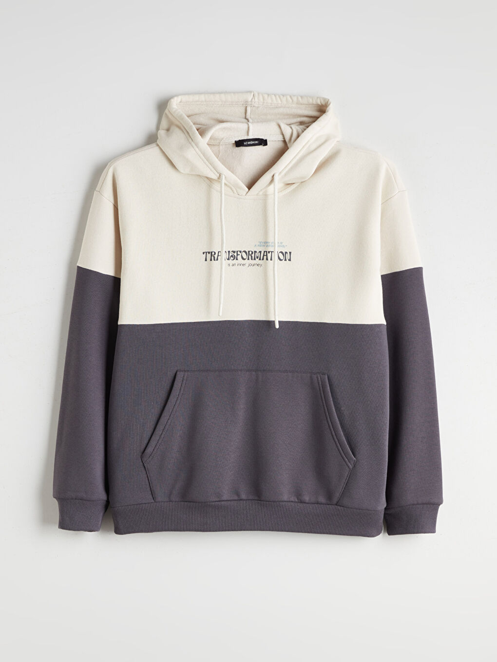 Gri Uzun Kollu Renk Bloklu Erkek Hoodie-4