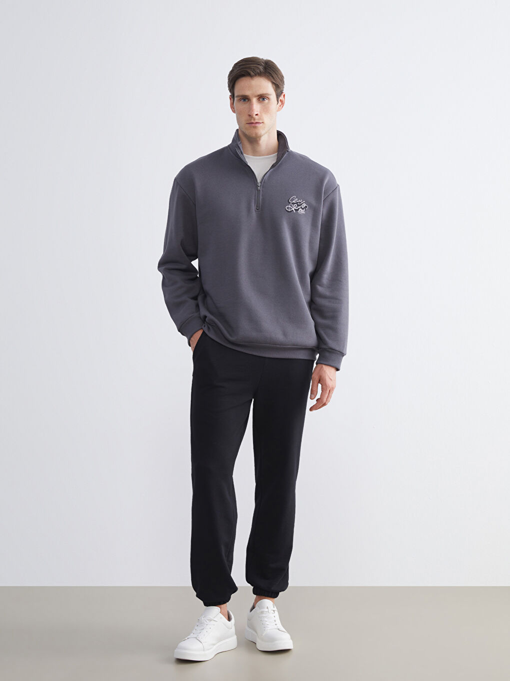 Antrasit Fermuarlı Dik Yaka Erkek Sweatshirt-1
