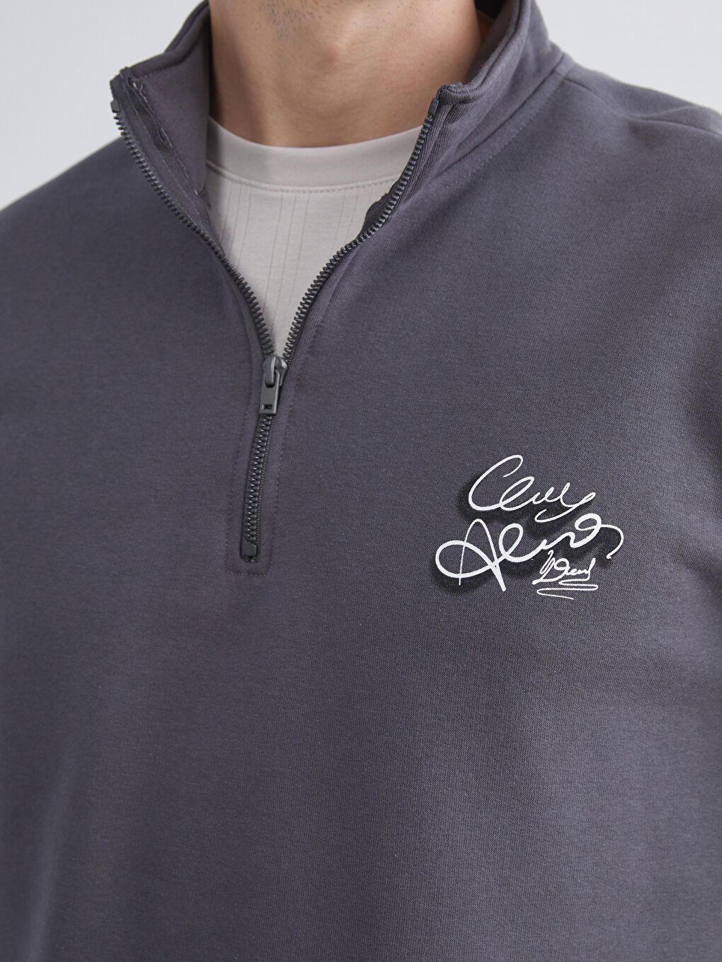 Antrasit Fermuarlı Dik Yaka Erkek Sweatshirt-2