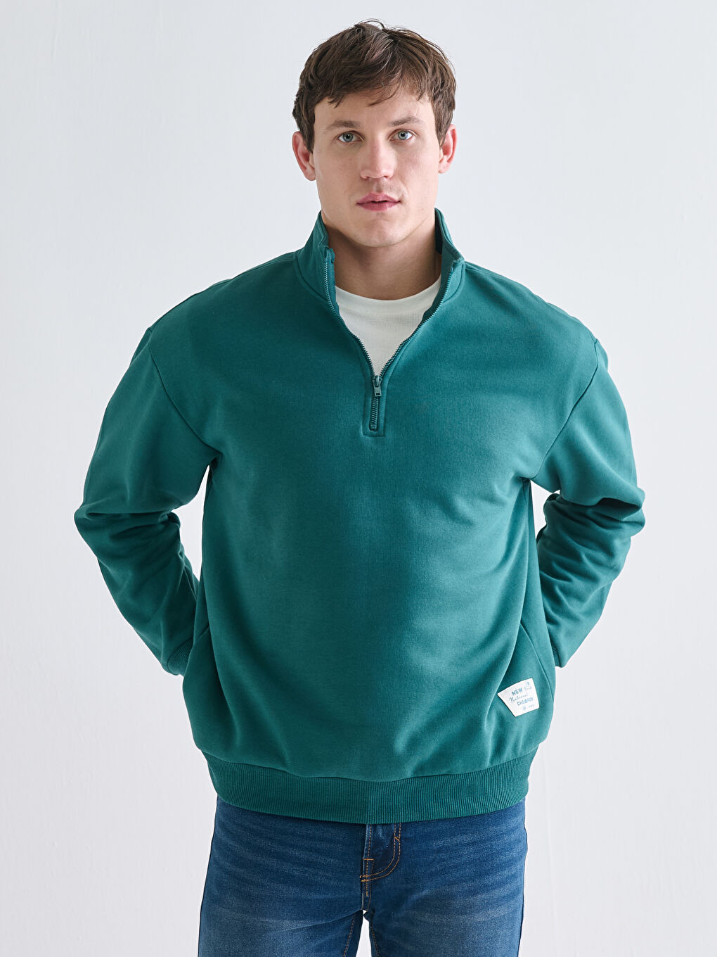 Petrol Dik Yaka Erkek Sweatshirt