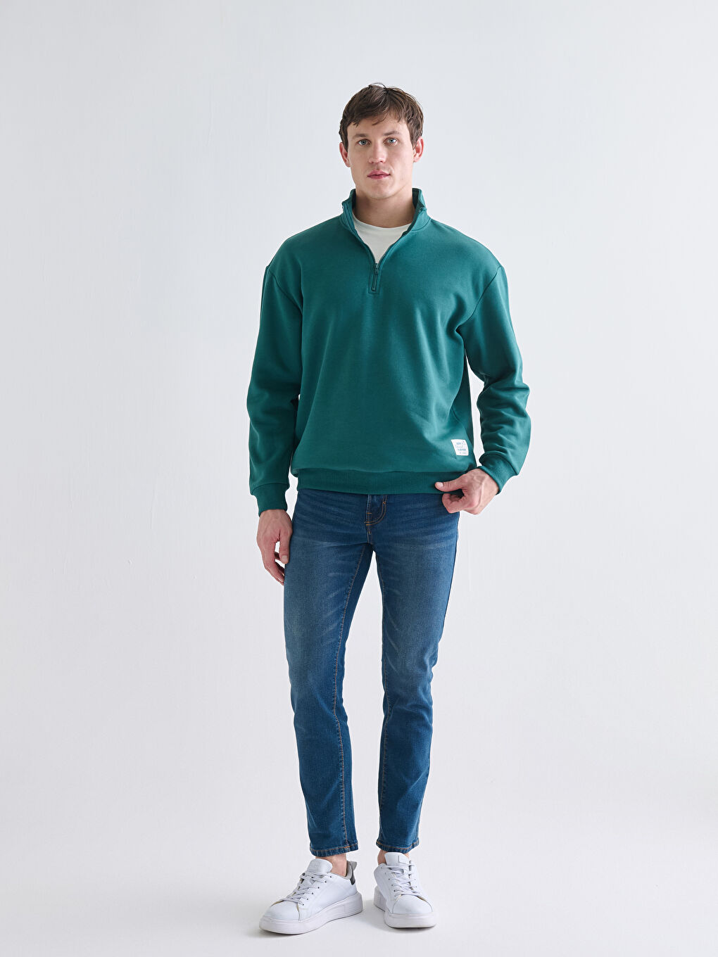 Petrol Dik Yaka Erkek Sweatshirt-1