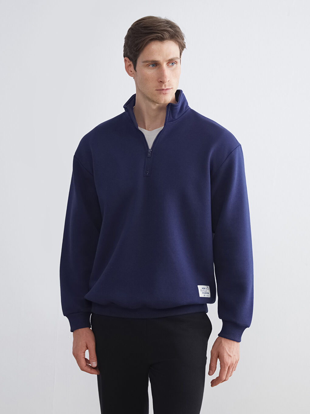 Lacivert Fermuarlı Dik Yaka Erkek Sweatshirt