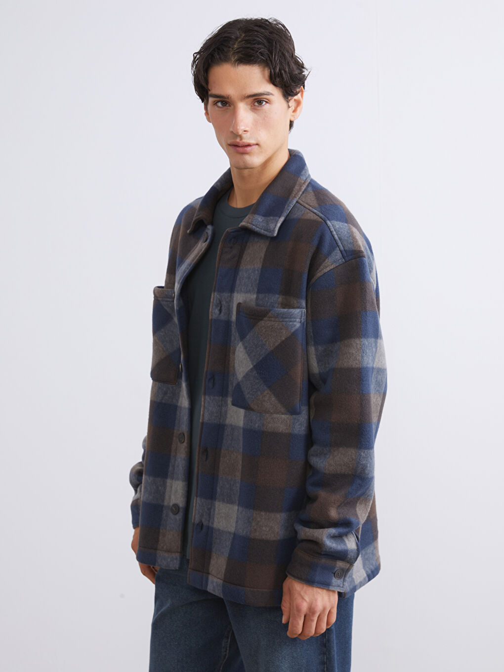 Lacivert Rahat Kalıp Ekose Erkek Gömlek Ceket