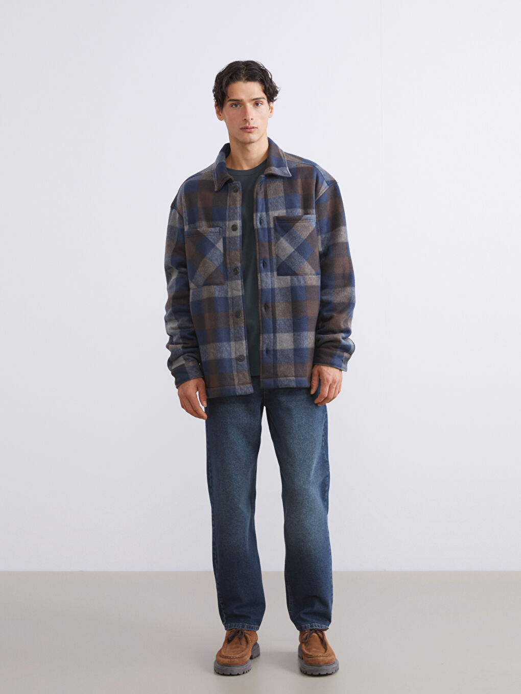 Lacivert Rahat Kalıp Ekose Erkek Gömlek Ceket-1