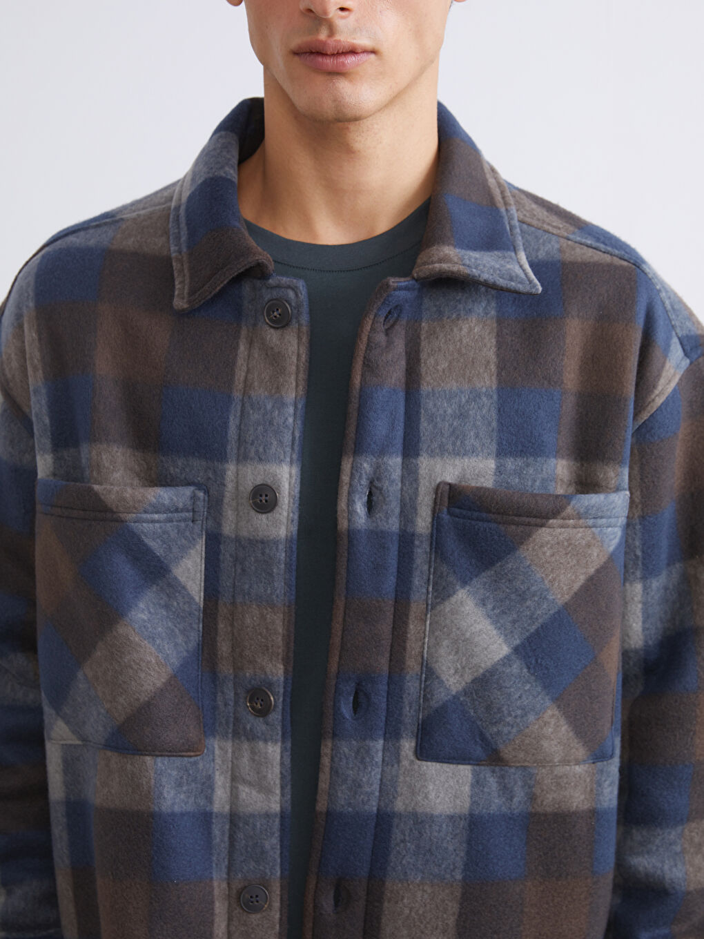 Lacivert Rahat Kalıp Ekose Erkek Gömlek Ceket-2