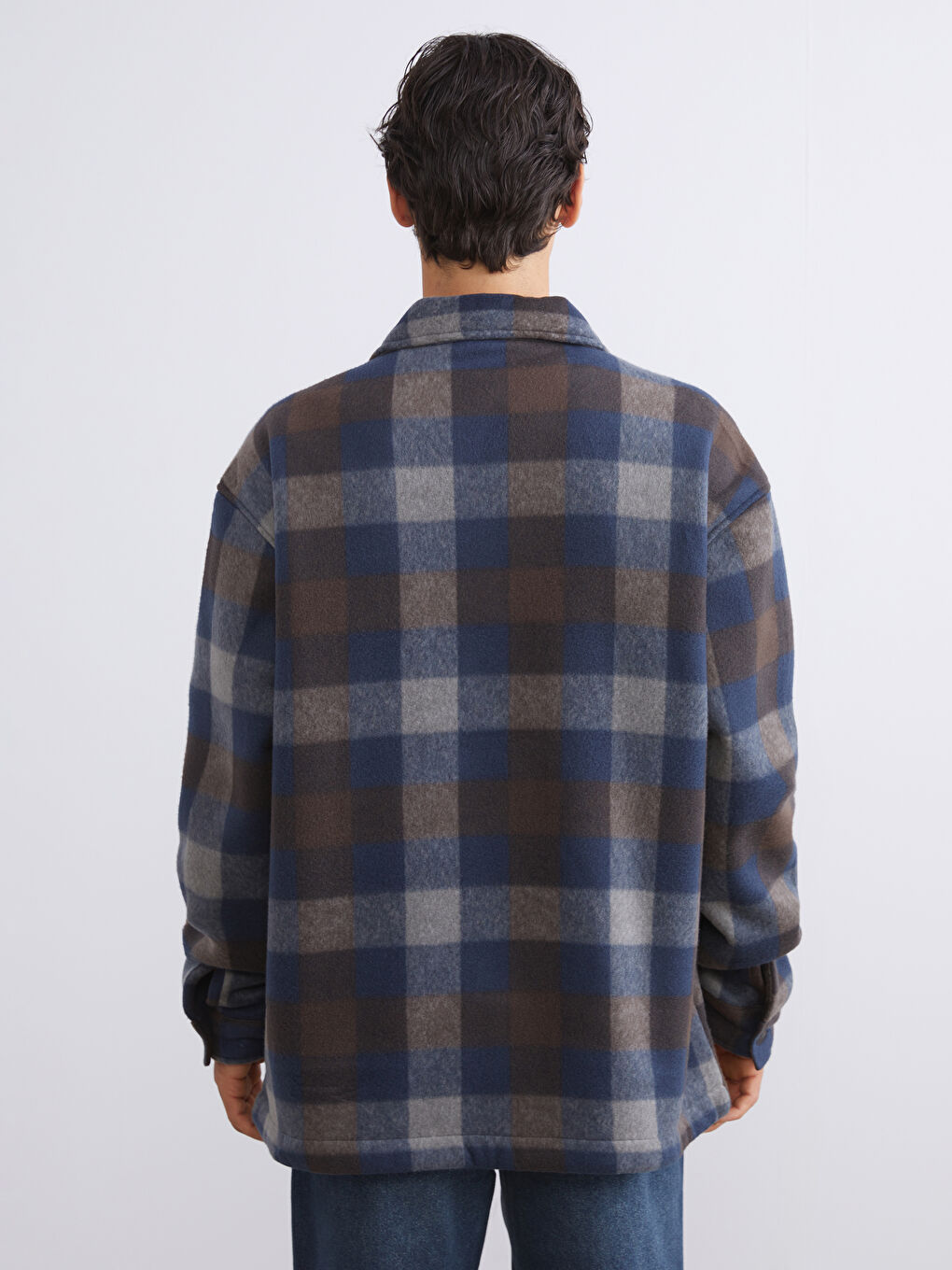 Lacivert Rahat Kalıp Ekose Erkek Gömlek Ceket-3