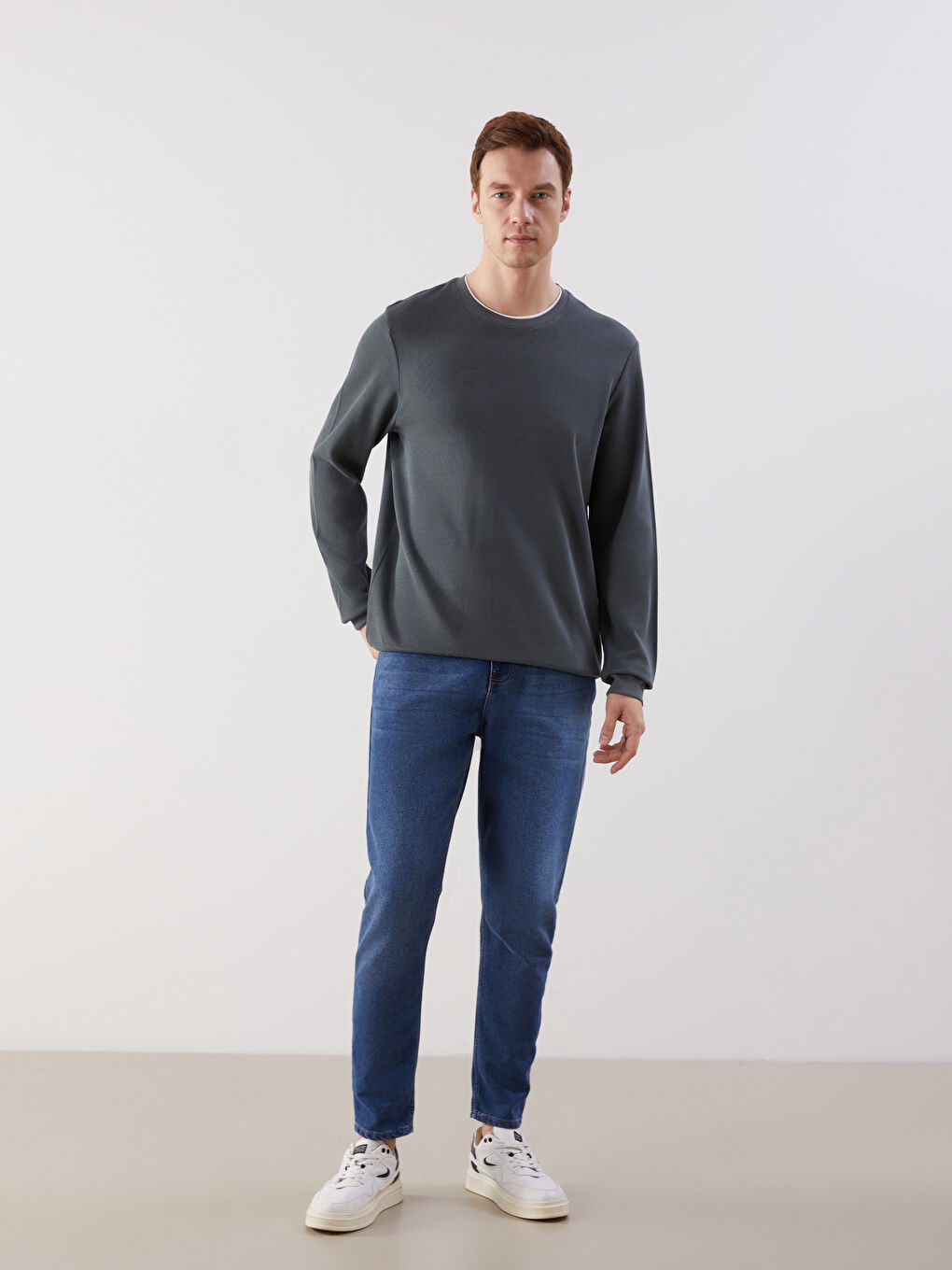 Haki Bisiklet Yaka Ribanalı Erkek Sweatshirt-1