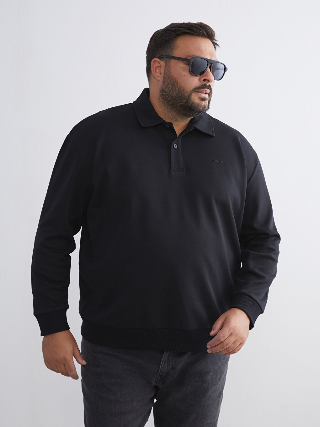 Siyah Polo Yaka Erkek Sweatshirt-1