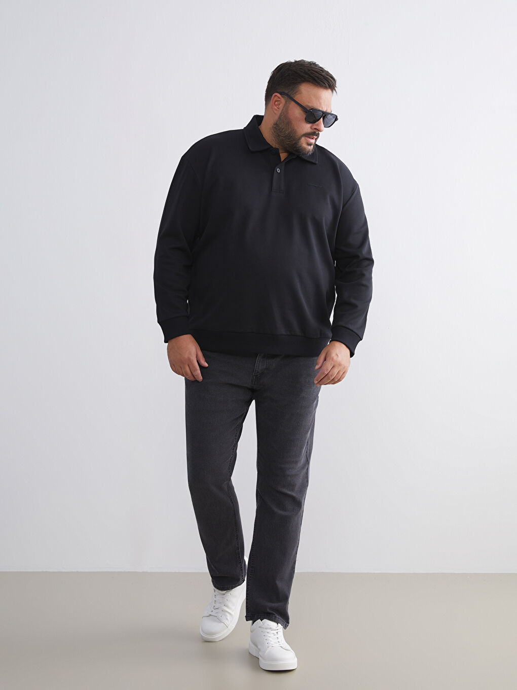 Siyah Polo Yaka Erkek Sweatshirt-5