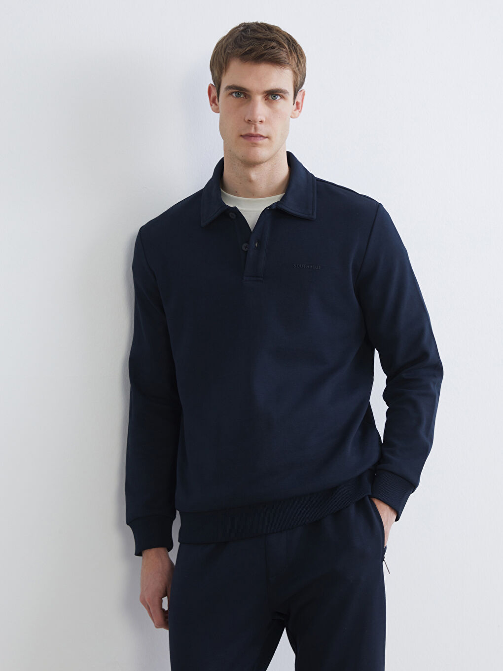 Lacivert Polo Yaka Erkek Sweatshirt