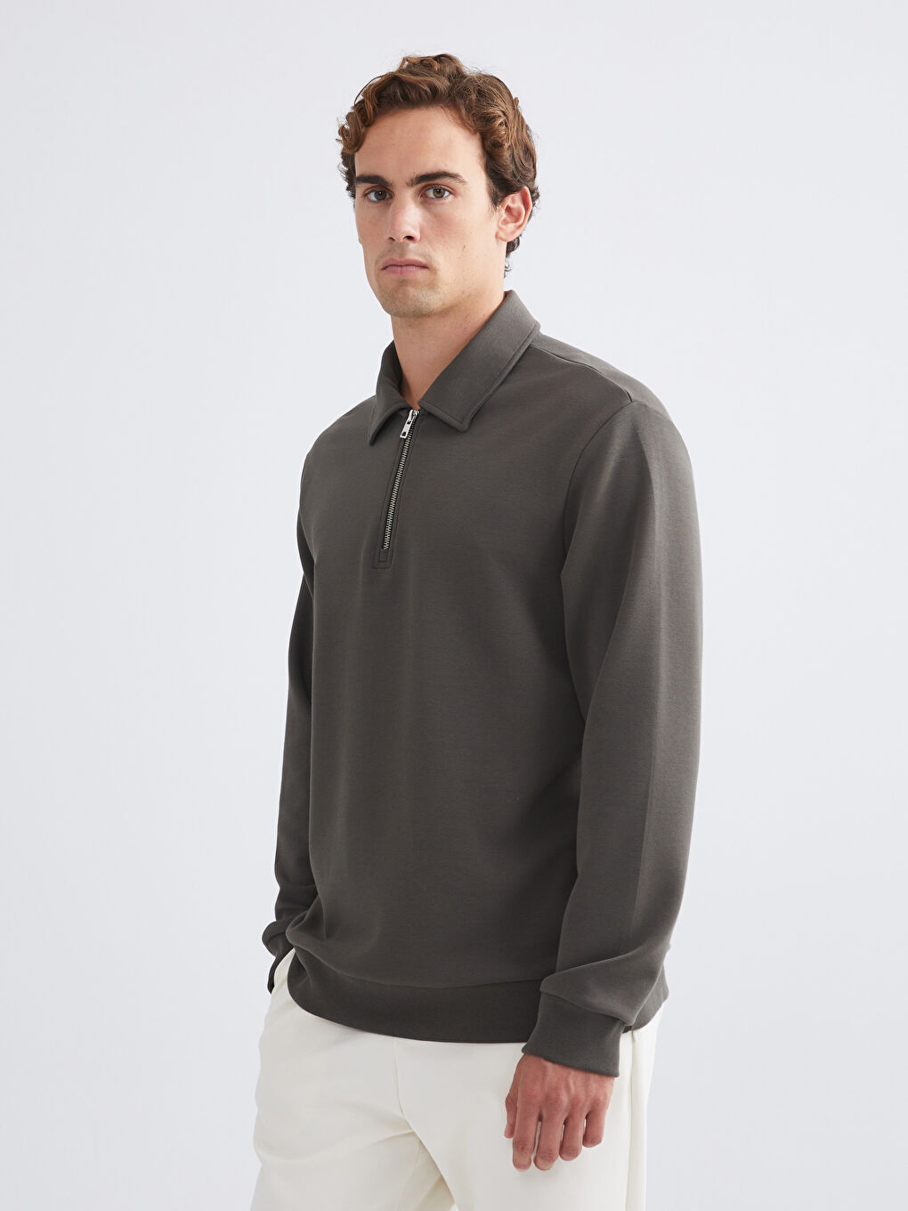 Haki Polo Yaka Erkek Sweatshirt