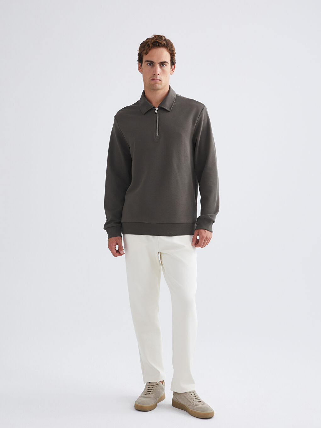 Haki Polo Yaka Erkek Sweatshirt-1