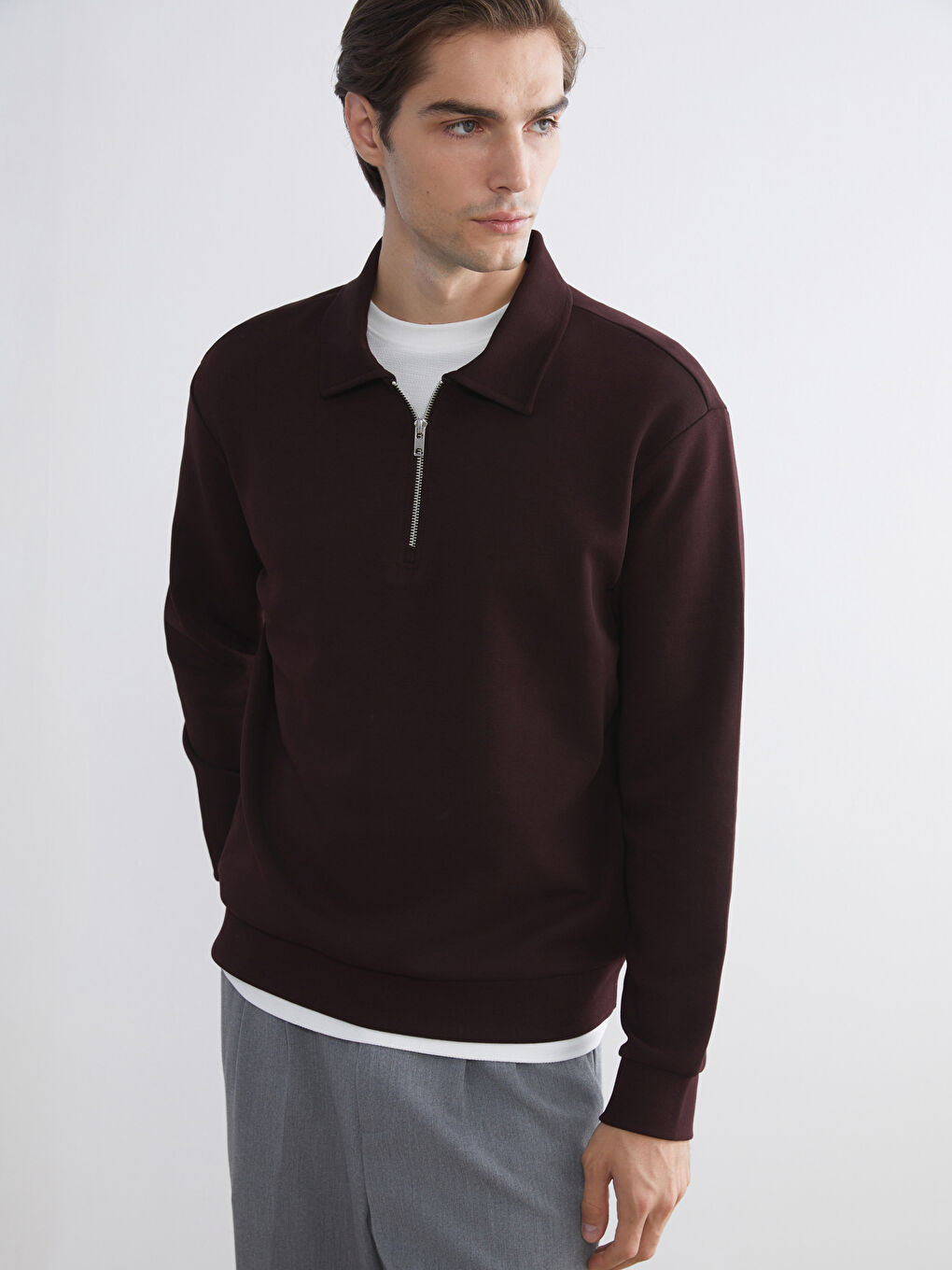 Kahverengi Polo Yaka Erkek Sweatshirt