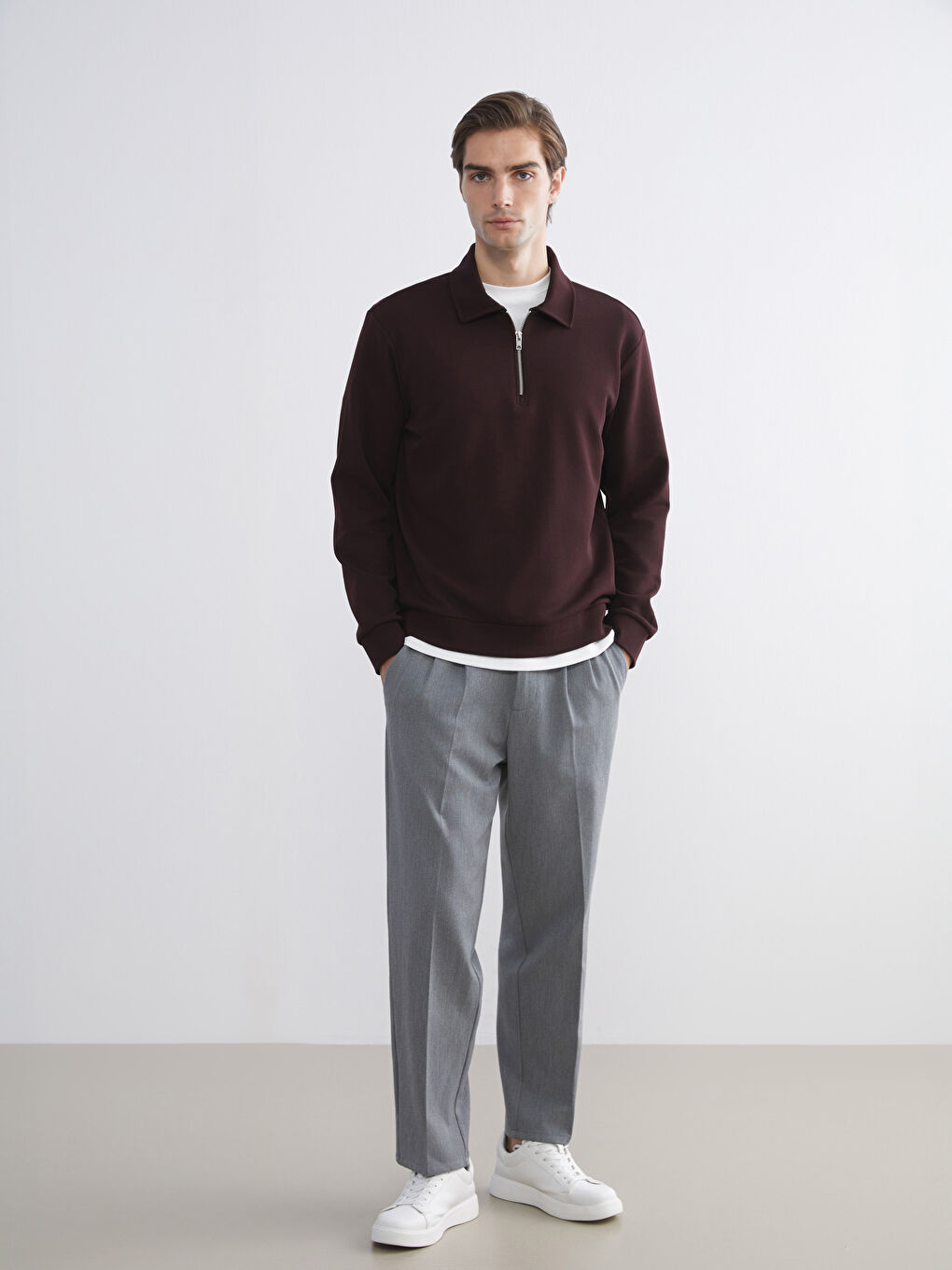 Kahverengi Polo Yaka Erkek Sweatshirt-1