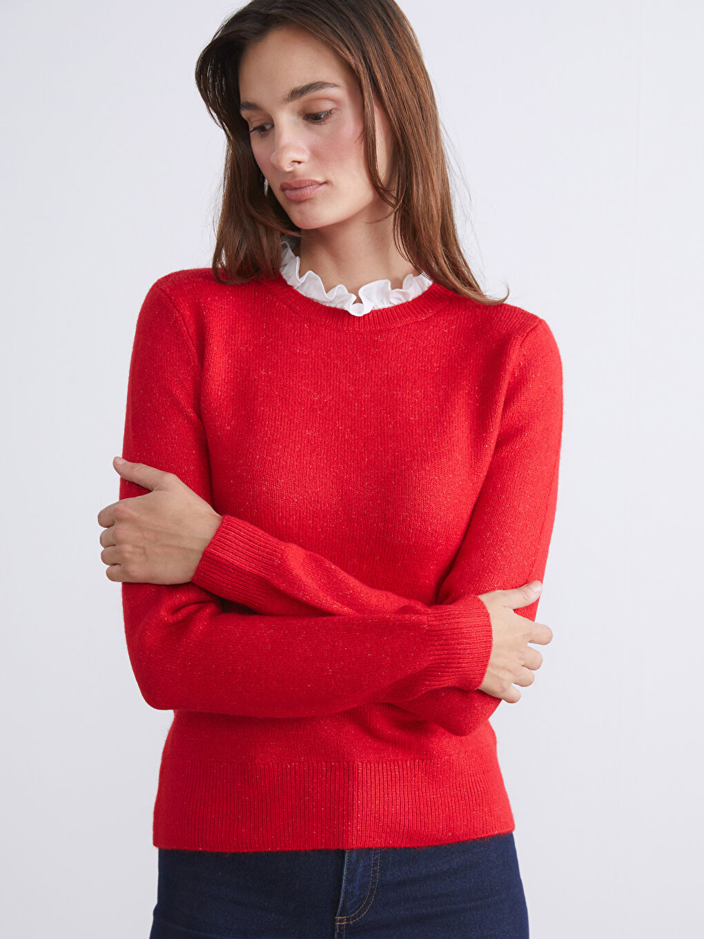 Ruffled Funnel Neck Women's Knitwear Sweater