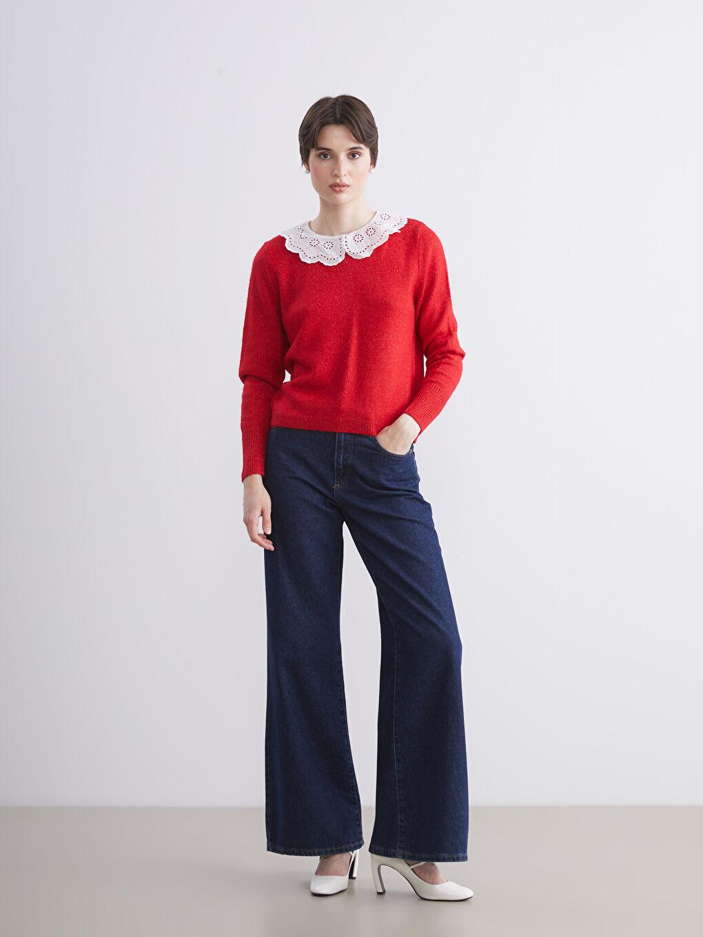 Пуловер от трико с яка Питър Пан за жени-1