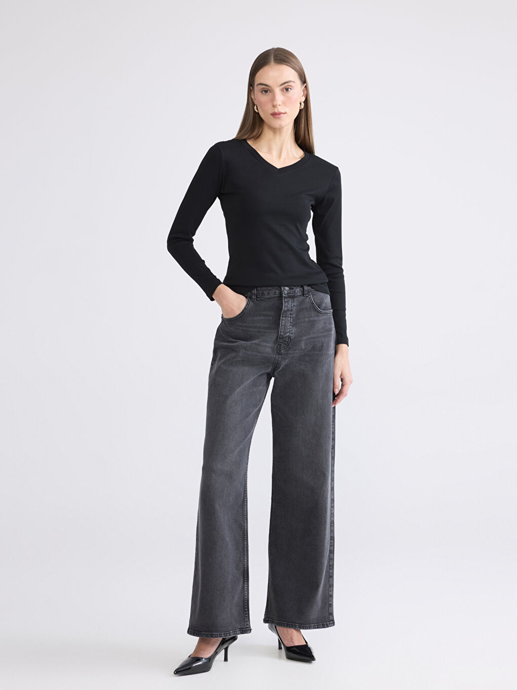 Siyah V Yaka Kadın Body-1