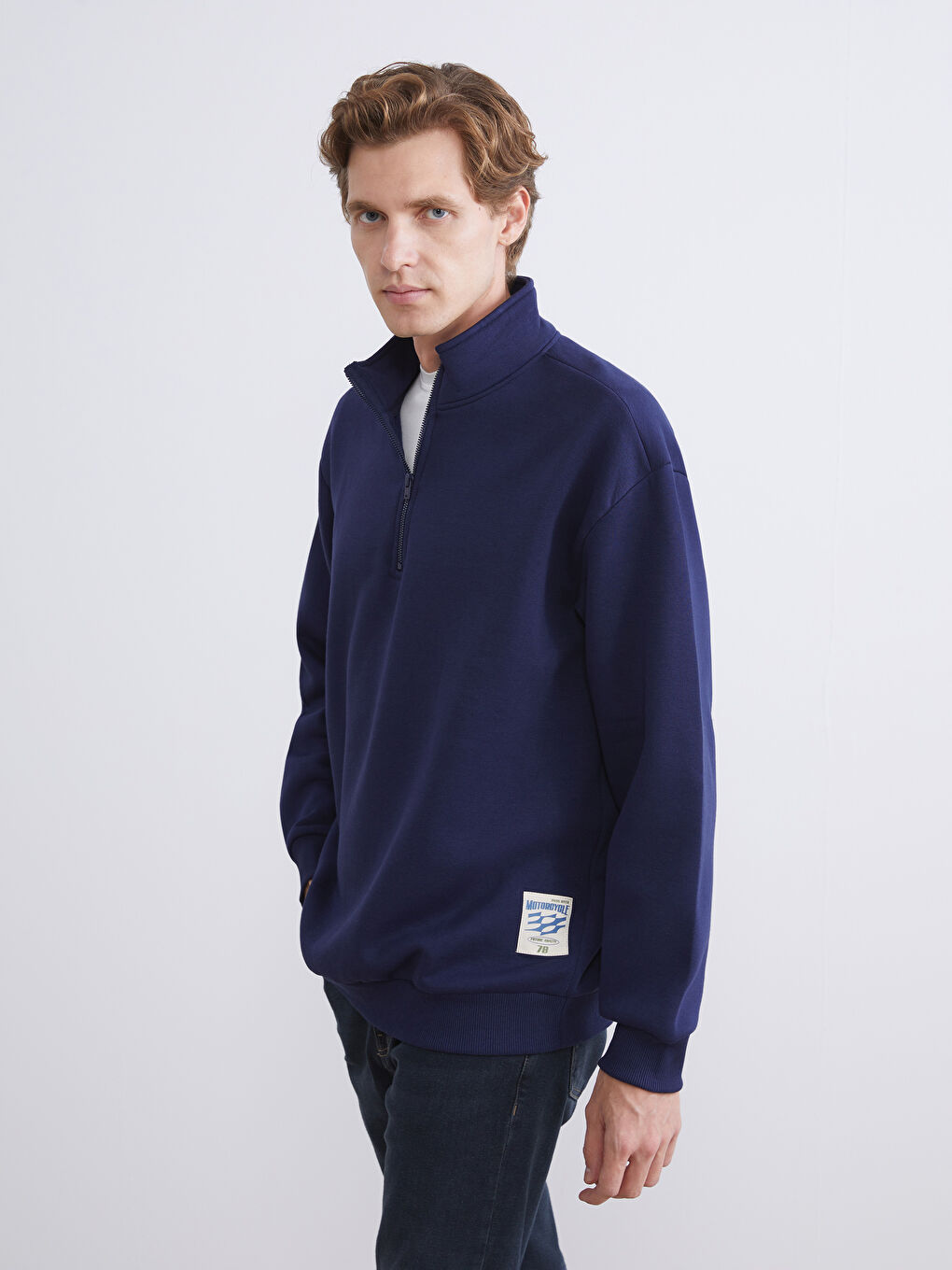 Lacivert Fermuarlı Dik Yaka Uzun Kollu Erkek Sweatshirt