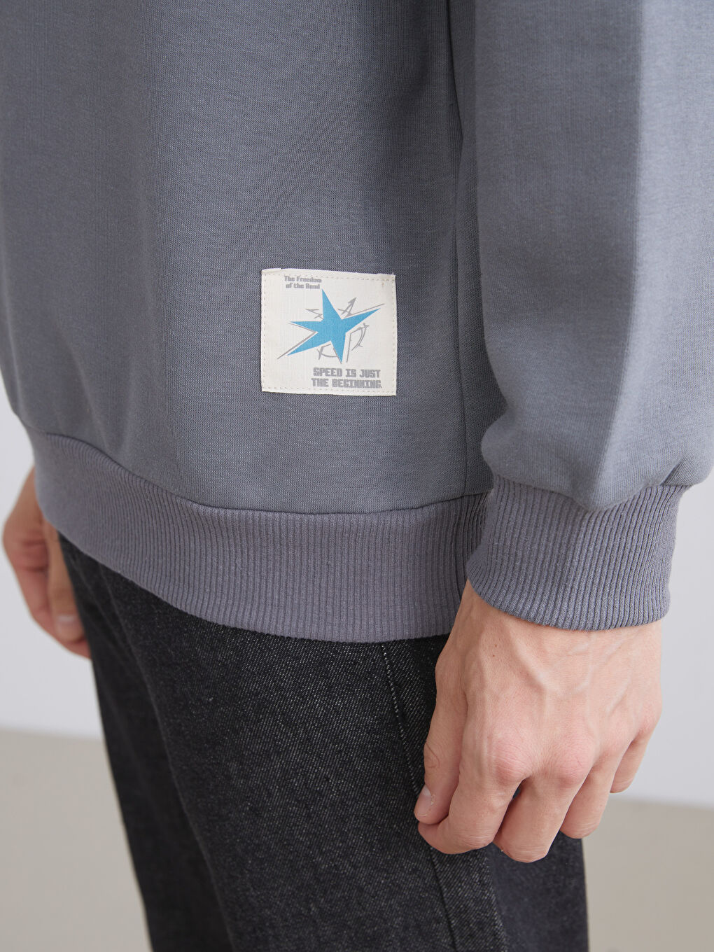 Gri Dik Yaka Baskılı Erkek Sweatshirt-2