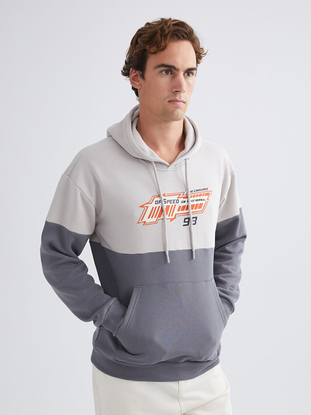 Gri Uzun Kollu Renk Bloklu Erkek Hoodie